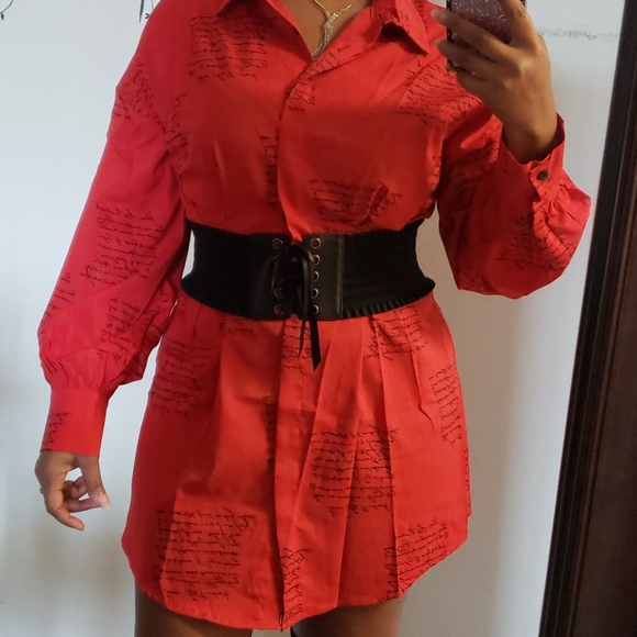 Gorgeous Red🌹Handwriting Pleated Shirt Dress - Picture 6 of 8